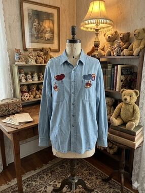 Vintage Upcycled Denim Shirt  – Teddy Bear & Heart Patchwork